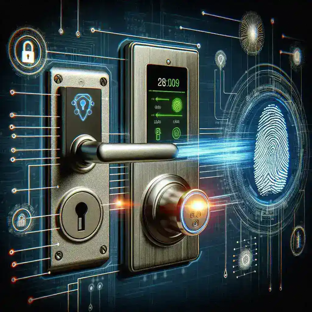 "Smart lock featuring advanced fingerprint reader technology, showcasing its sleek design and security features for home protection in the article 'Smart Locks with Fingerprint Readers: Security Analysis and Vulnerability Testing.'"