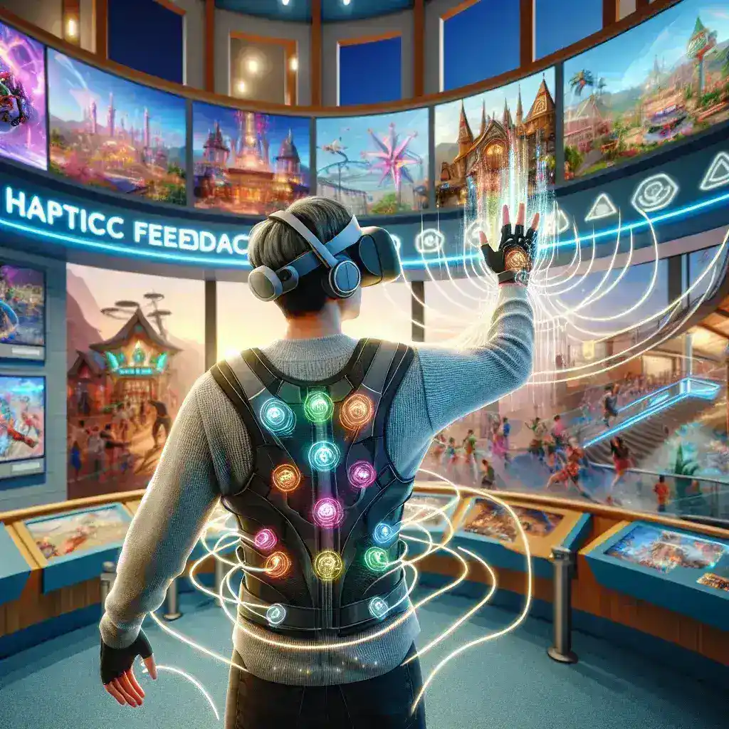 "Disney Research engineers demonstrate the new haptic vest designed for immersive VR experiences in theme parks, enhancing guest interaction and sensory feedback."