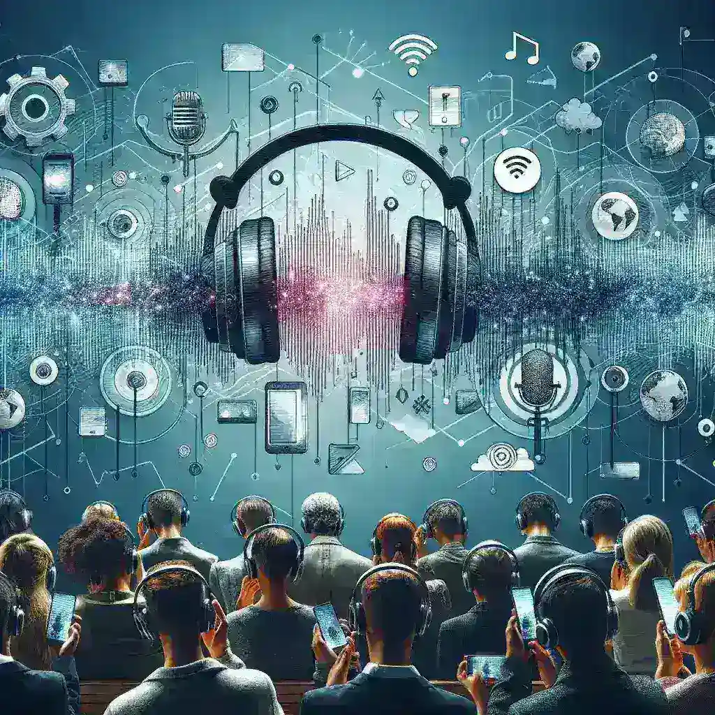 "Spotify logo with AI graphics overlay, illustrating the expansion of AI-powered podcast translation services for U.S. markets, highlighting innovation in audio content accessibility."